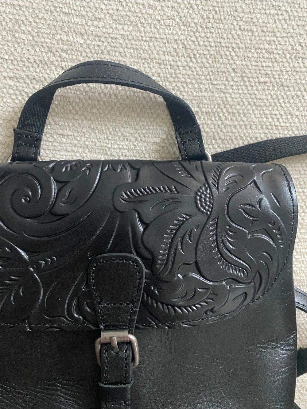 Patricia Nash Black Floral-Tooled Leather Mini Backpack